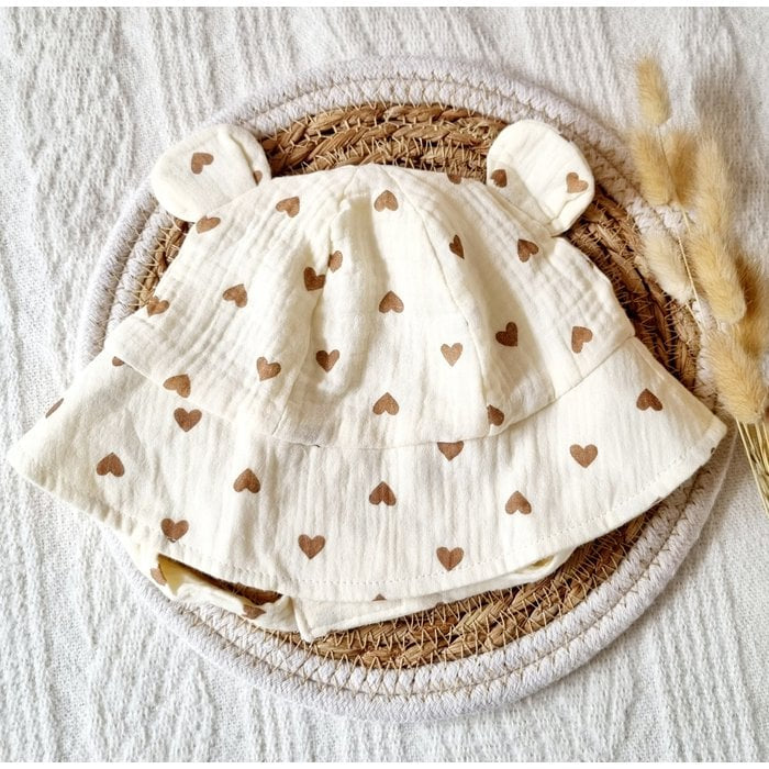 Hydrofiele zonnehoed voor baby - Beige met Hartjes