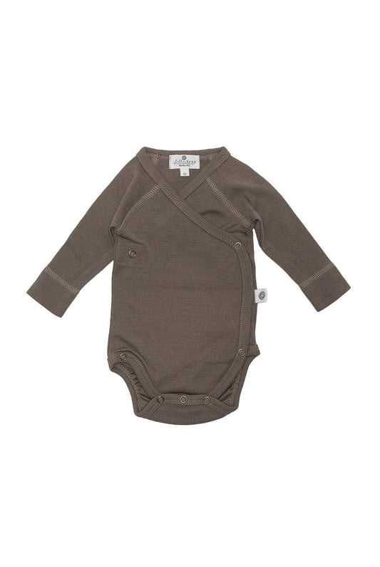 Wollen Overslagromper lange mouw 100% Merinowol – Walnut 50/ 56/ 62 🫧