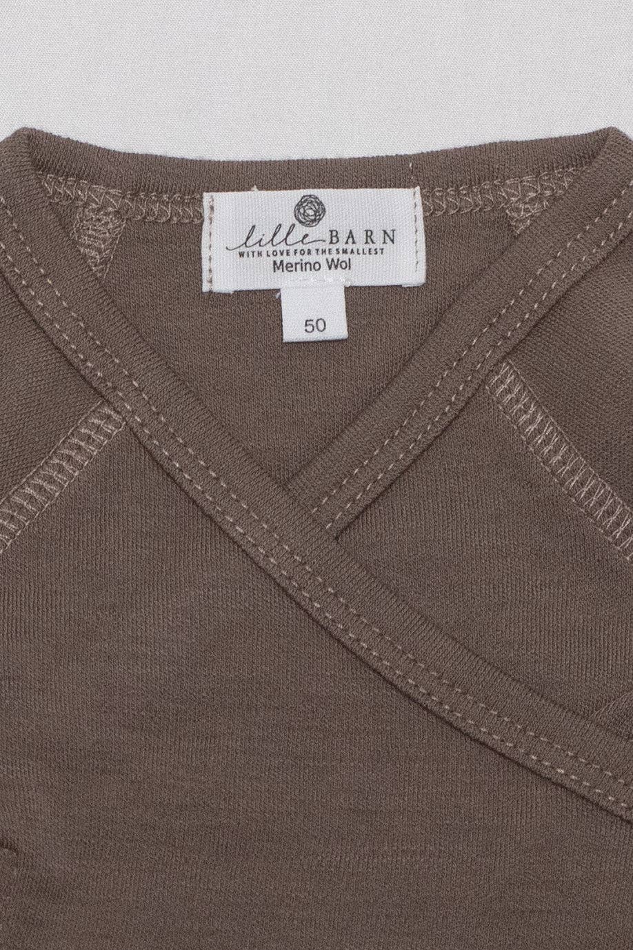 Wollen Overslagromper lange mouw 100% Merinowol – Walnut 50/ 56/ 62 🫧